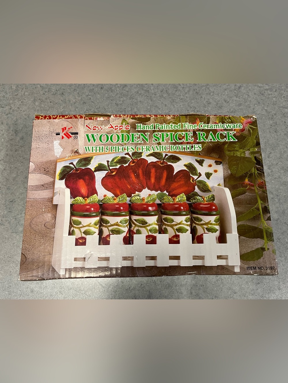 Apple White Wooden Spice Rack with Red-Accented Ceramic Bottles